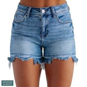 NEW Risen Rochelle Medium Wash High Rise Frayed Hem Denim Shorts Stretch Plus 2X